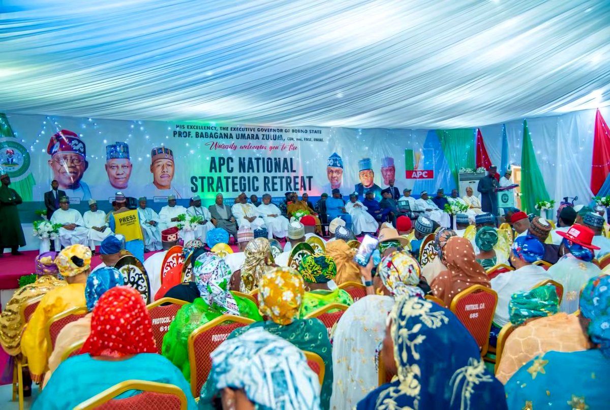 OfficialAPCNg's tweet photo. At the ongoing APC National Strategic Retreat, themed “Strengthening Party Organization, Unity and Electoral Readiness Towards 2027,” holding in Maiduguri, Borno State, from Thursday, 24th to Saturday, 26th September 2026, the Party’s National Working Committee, under the chairmanship of Prof. Nentawe Goshwe Yilwatda, is joined by State Chairmen and other invited stakeholders of the Party’s core structure from across the 36 states.

Discussions at the strategic retreat are focused on reviewing and strengthening the Party’s activities, structures and electoral preparedness ahead of the 2027 campaigns and the re-election of President Bola Ahmed Tinubu, as well as the election of other APC candidates.