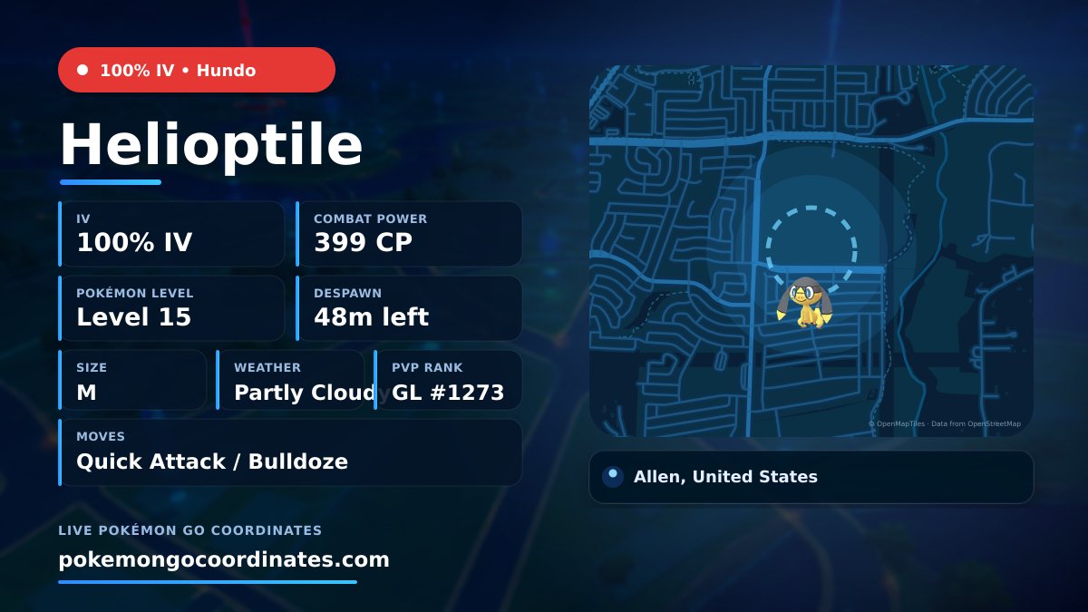 CoordsPokemonGo's tweet photo. #Helioptile Wild Spawns
π―% IV β’ 399 CP β’ Level 15
Despawns in 48m
π 33.068233,-96.661265
#Shundo β’ #ShinyCheck https://t.co/W1nidQa6c3