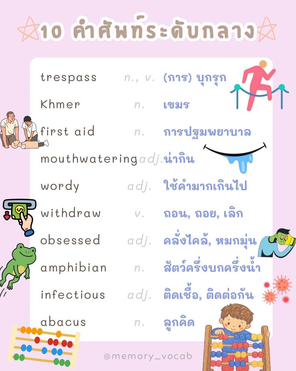 memory_vocabb's tweet photo. 10 คำศัพท์ระดับกลาง 🫶🏻🏖️🏜️    

✅ตัวอย่างประโยคและคำแปลด้านล่าง👇 
✏️ศัพท์จากไฟล์ศัพท์ DIGITAL ENGLISH VOCAB  #ท่องศัพท์ #ภาษาอังกฤษ https://t.co/u54Wf8QcPV