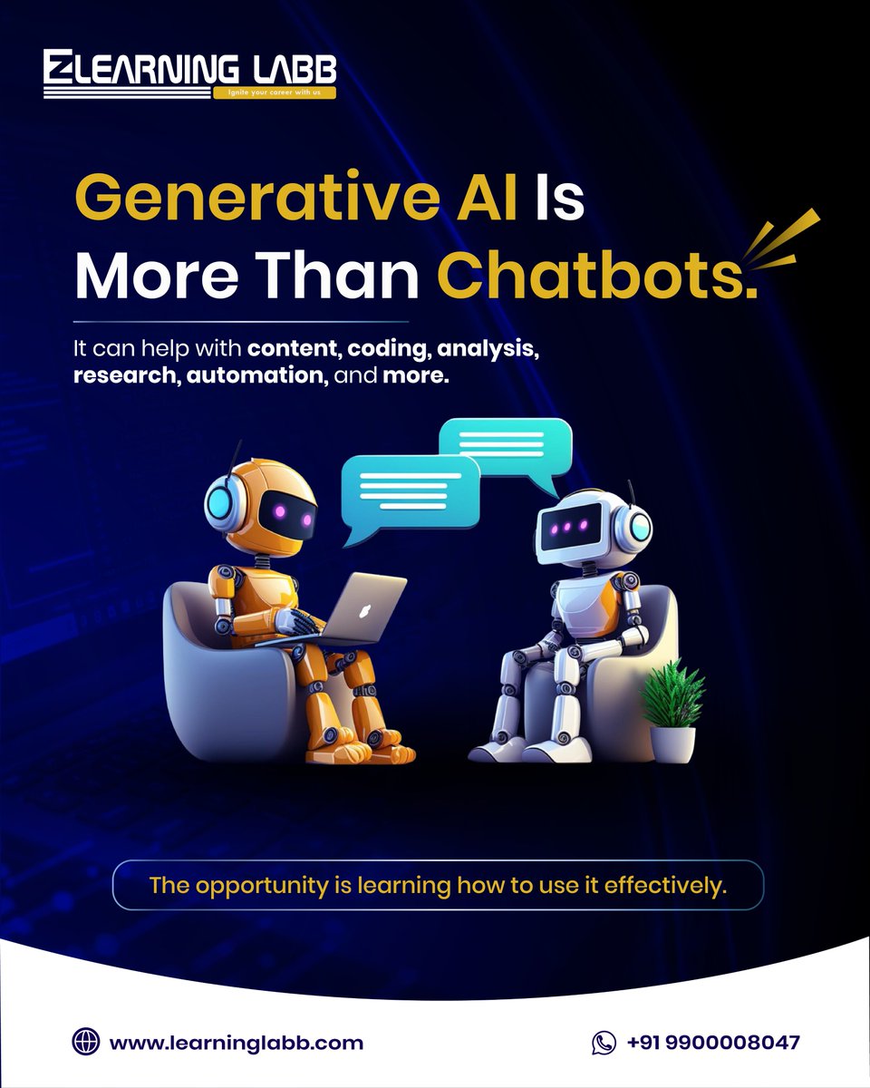 learninglabb's tweet photo. Generative AI is more than chatbots. 🤖

It can support content, coding, research, analysis, and automation.

The real skill? Knowing how and when to use AI effectively.

AI is becoming a skill, not just a tool.

#GenerativeAI #AI #AITrends #FutureSkills #DigitalSkills https://t.co/gve0iD8Uhl