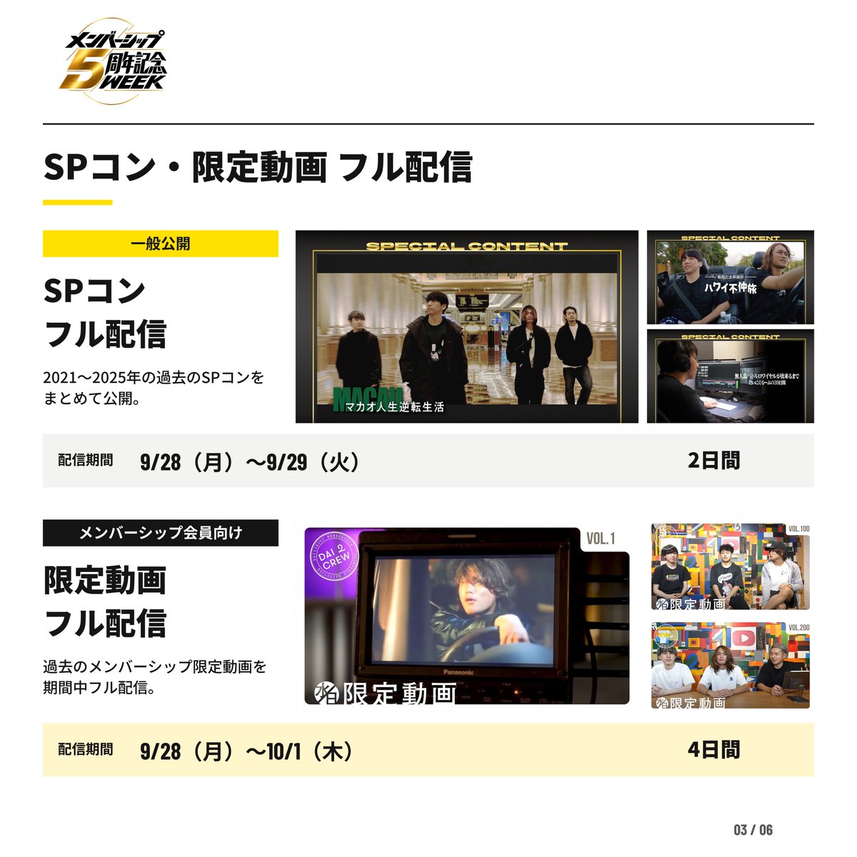Dai2group's tweet photo. 【メンバーシップ5周年記念WEEK 開催】

だいにぐるーぷのメンバーシップ5周年を記念して、
9/28（月）〜10/4（日）に「メンバーシップ5周年記念WEEK」を開催します！

過去のSPコンの一般公開や限定動画のフル配信、メンバー5人で100kmリレーに挑戦する24時間生配信など、1週間にわたって特別企画をお届けします。

さらに、投票上位5商品を復刻する「過去グッズ総選挙2026」や、継続5年（60ヶ月）到達者に向けて特典を更新します。

■開催期間
9/28（月）〜10/4（日）

■24時間生配信「さらば津田沼」
10/2（金）19:00〜10/3（土）19:00

各企画の詳細・スケジュールは、画像をご確認ください。
5周年記念WEEKをお楽しみに！！！

#だいにぐるーぷ