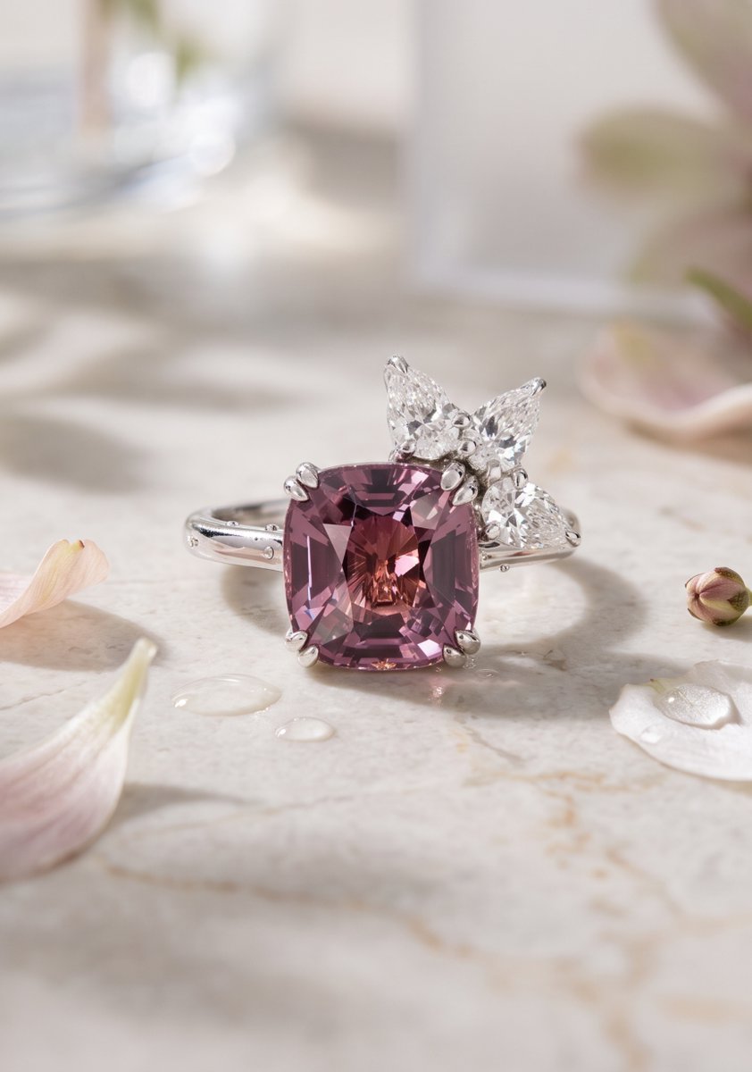 ScagnettiRoma's tweet photo. A masterpiece of craftsmanship. Tthis stunning floral-style cushion cut spinel, elegantly framed by three pear-shaped diamonds and set in lustrous platinum. A true work of art #FineJewellery #SpinelRing #ScagnettiJewellery #Scagnetti https://t.co/0Hy9E8eiZN