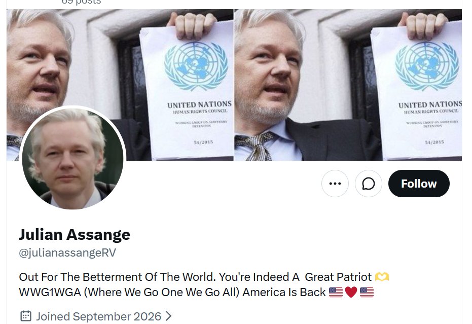 Michell45064244's tweet photo. Yet another FAKE account set up in the name of Julian Assange. Please report and block @julianassangeRV https://t.co/K0Gtr6kQAm