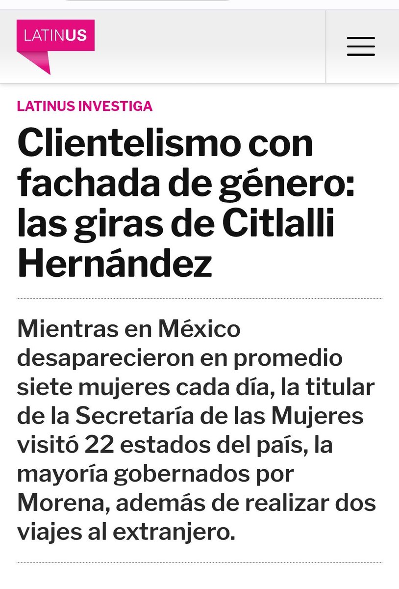 Arouet_V's tweet photo. El 6 de marzo de este año @latinus_us exhibió a @CitlaHM porque, durante su cargo en el gabinete, le gustó viajar mucho, sobre todo para apoyar en las labores de propaganda a @Claudiashein y participar hasta en el extranjero en eventos con los mismos fines de propaganda. Este 26 de septiembre @El_Universal_Mx le da continuidad a esa información. Aunque no cita a Latinus, los datos se complementan.

Citlalli Hernández no fue una funcionaria de Estado, es decir, no apoyó a las mujeres, a las madres buscadoras por ejemplo. Lo suyo ha sido siempre la grilla.