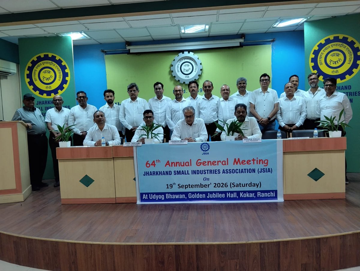 JsiaRanchi's tweet photo. JSIA held its 64th Annual General Meeting (AGM) on 19th September, during which the new Executive Committee assumed office for the term 2026–27, under the presidentship of Shri Jaideep Modi. https://t.co/Cqqi6fpw6k