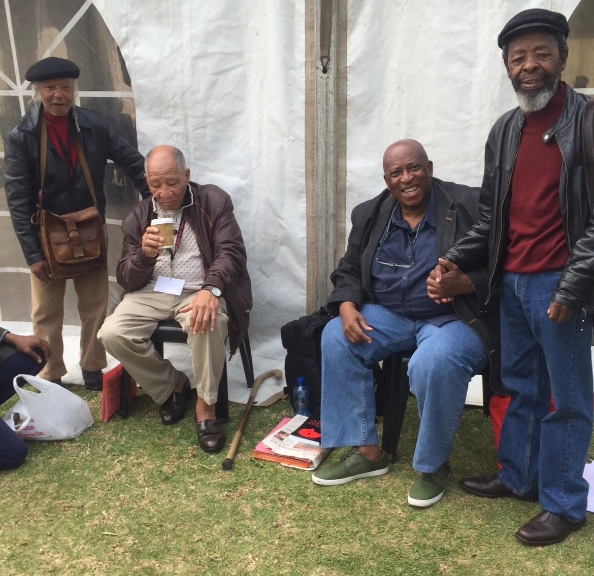 HistorySAZAR's tweet photo. Meeting of Some of South Africa’s Greatest Writers, From L to R, James Matthews, Don Materra, Zakes Mda,  Keorapetse Kgotsisile. Image Source: The Don Mattera Legacy Foundation https://t.co/LDphFNwEmw
