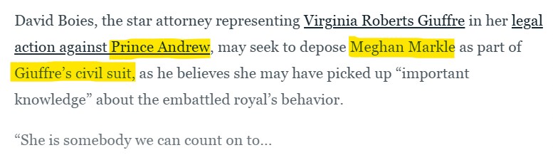 LandlordLinks's tweet photo. A reminder that Meghan Markle was one of the witnesses that David Boies was going to depose regarding Virginia Giuffre's civil lawsuit against then Prince Andrew. Meaning Markle 'knew' Andrew back in 2001 and was a 'witness'.🔥 https://t.co/CHbWve2FlM