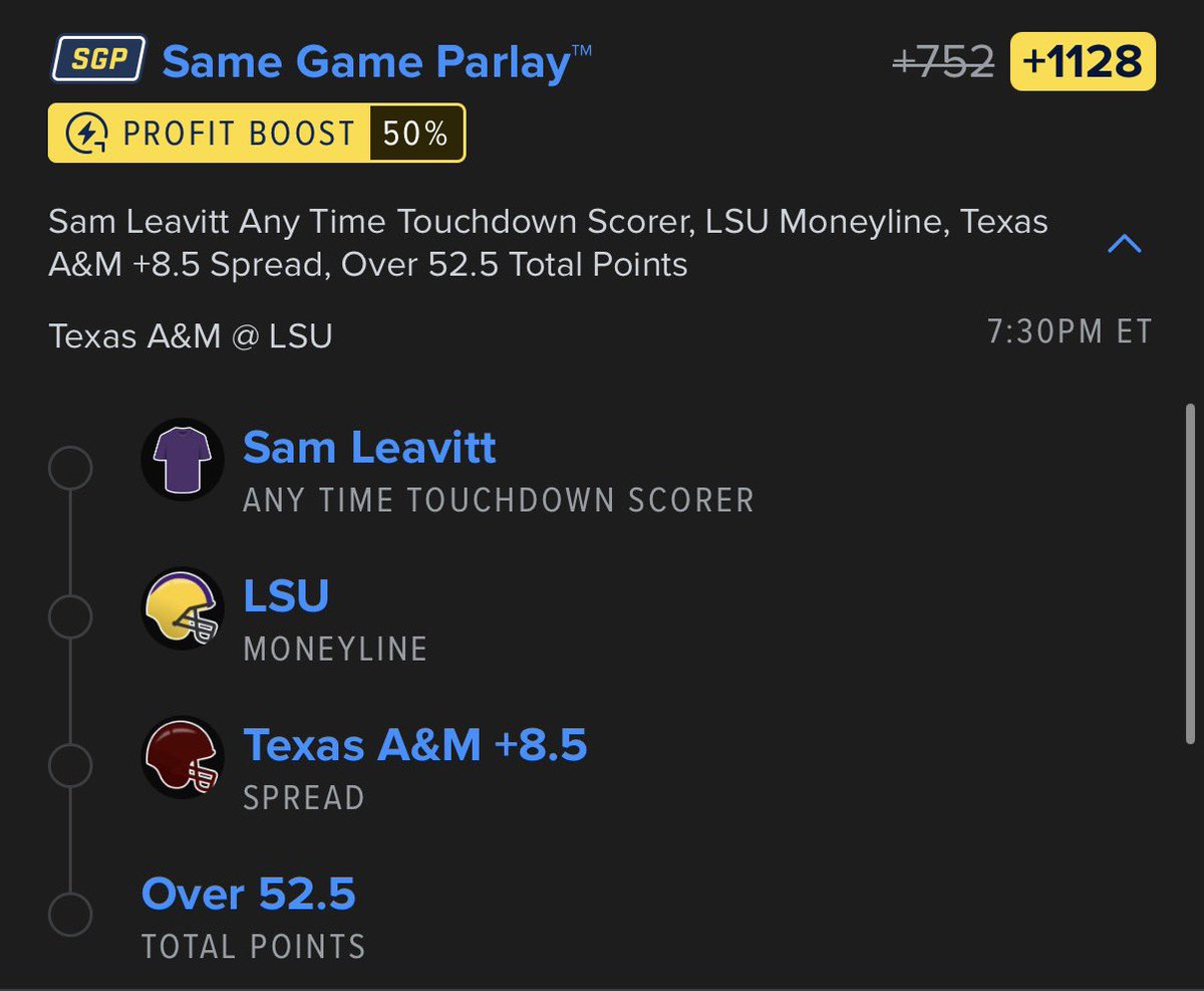 Bigbetsbrand123's tweet photo. LSU/A&amp;M Boost Parlay

Good Luck If Tailing🍀 https://t.co/6C8wrdlOZr