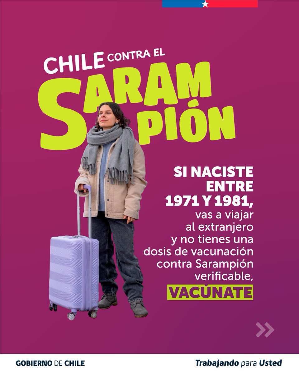 ministeriosalud's tweet photo. Del sarampión nos cuidamos entre todos #ChileContraElSarampión 💉

Si naciste entre 1971 y 1981, vas a viajar al extranjero y no tienes una dosis de vacunación contra el sarampión verificable ¡Vacúnate!

Recuerda que la vacuna debe ser administrada al menos 15 días antes de viajar.