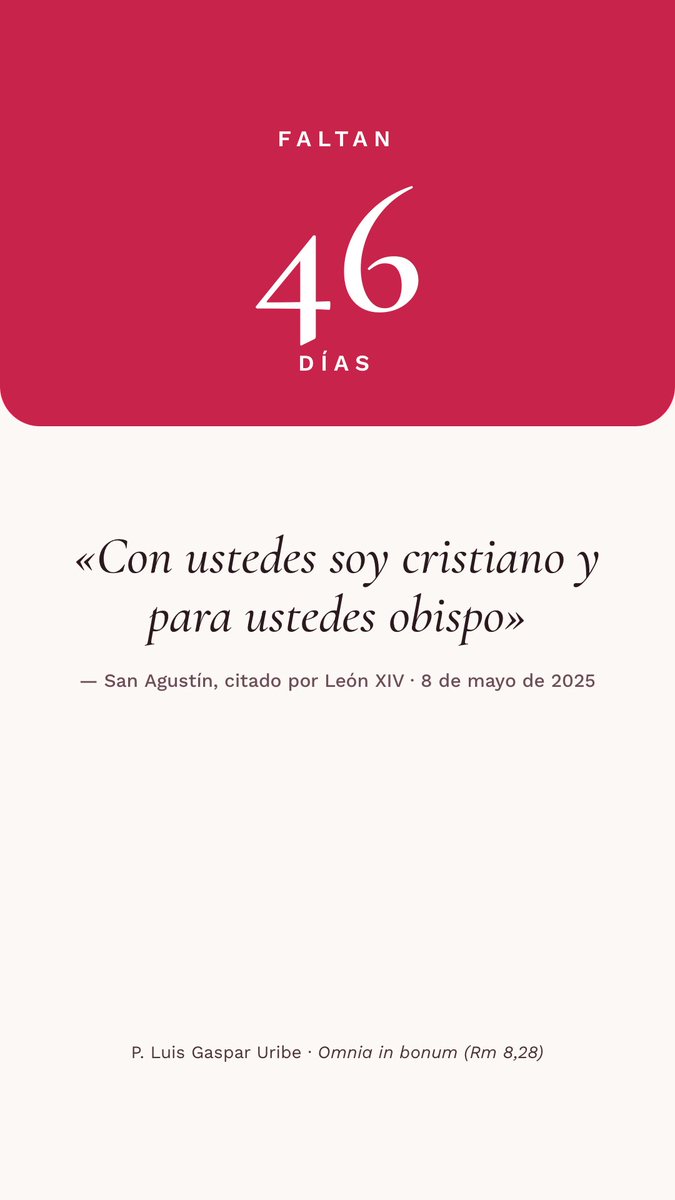 PadreLGaspar's tweet photo. Faltan 46 días. Papa Leon XIV vuelve a casa.

@Pontifex_es , hijo de San Agustín: «con ustedes soy cristiano y para ustedes obispo». Servir antes que mandar. #AbramosElCorazón #ConToribioyLeonAbramosElCorazon https://t.co/73vfEKlUs2