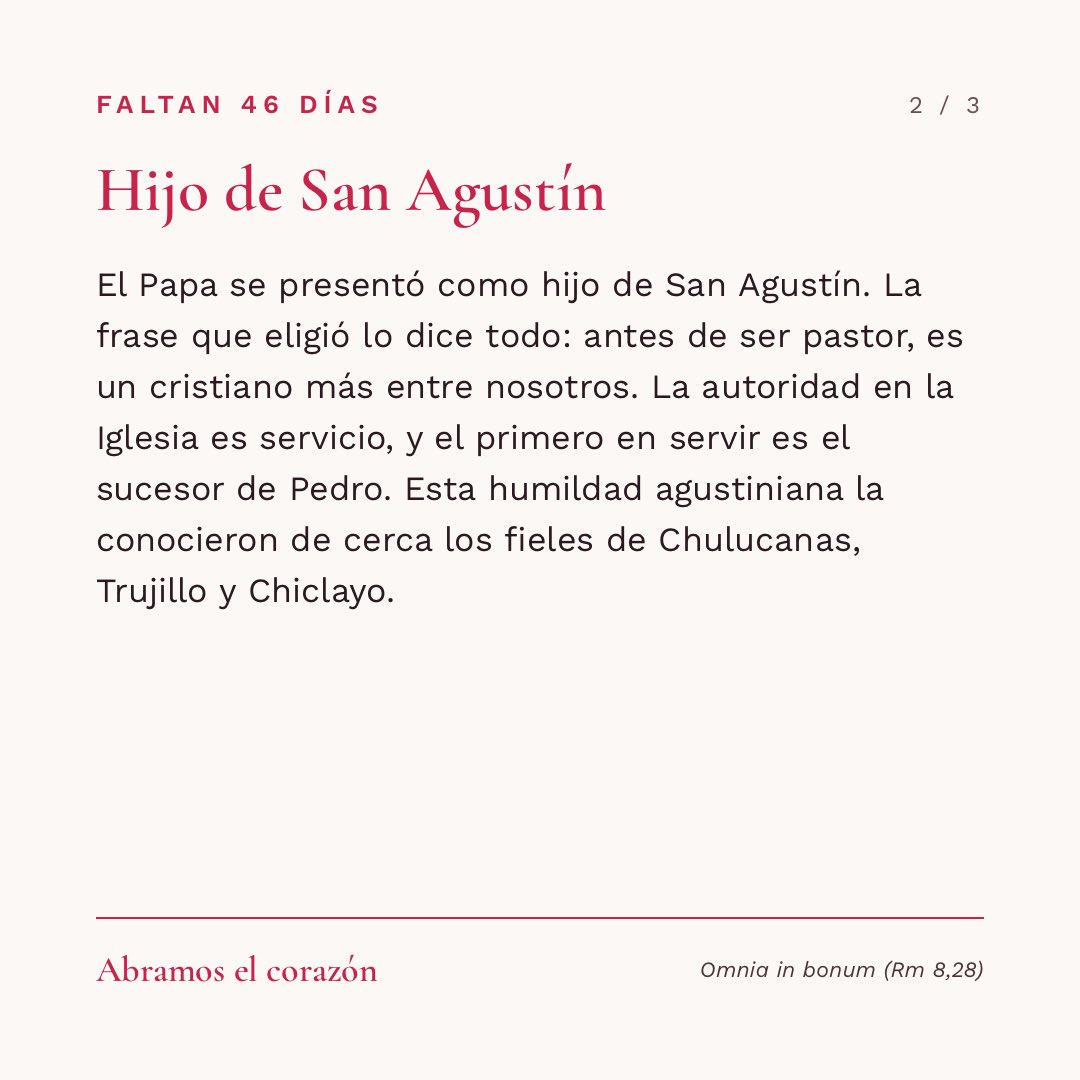 PadreLGaspar's tweet photo. Faltan 46 días. Papa Leon XIV vuelve a casa.

@Pontifex_es , hijo de San Agustín: «con ustedes soy cristiano y para ustedes obispo». Servir antes que mandar. #AbramosElCorazón #ConToribioyLeonAbramosElCorazon https://t.co/73vfEKlUs2