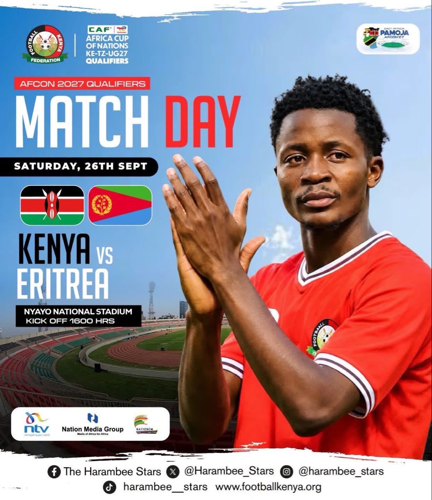 MichaelEGikandi's tweet photo. 🇰🇪⚽ TODAY, WE STAND WITH THE HARAMBEE STARS!

The road to AFCON Pamoja 2027 continues as Kenya takes on Eritrea today. 🇰🇪🇪🇷

A tournament coming home. A nation behind the team. One flag. One pride. One Harambee Stars. ❤️🖤💚

Go Kenya! Make us proud! 🇰🇪🔥

#HarambeeStars #Kenya #AFCON2027 #Pamoja2027 #KenyaFootball