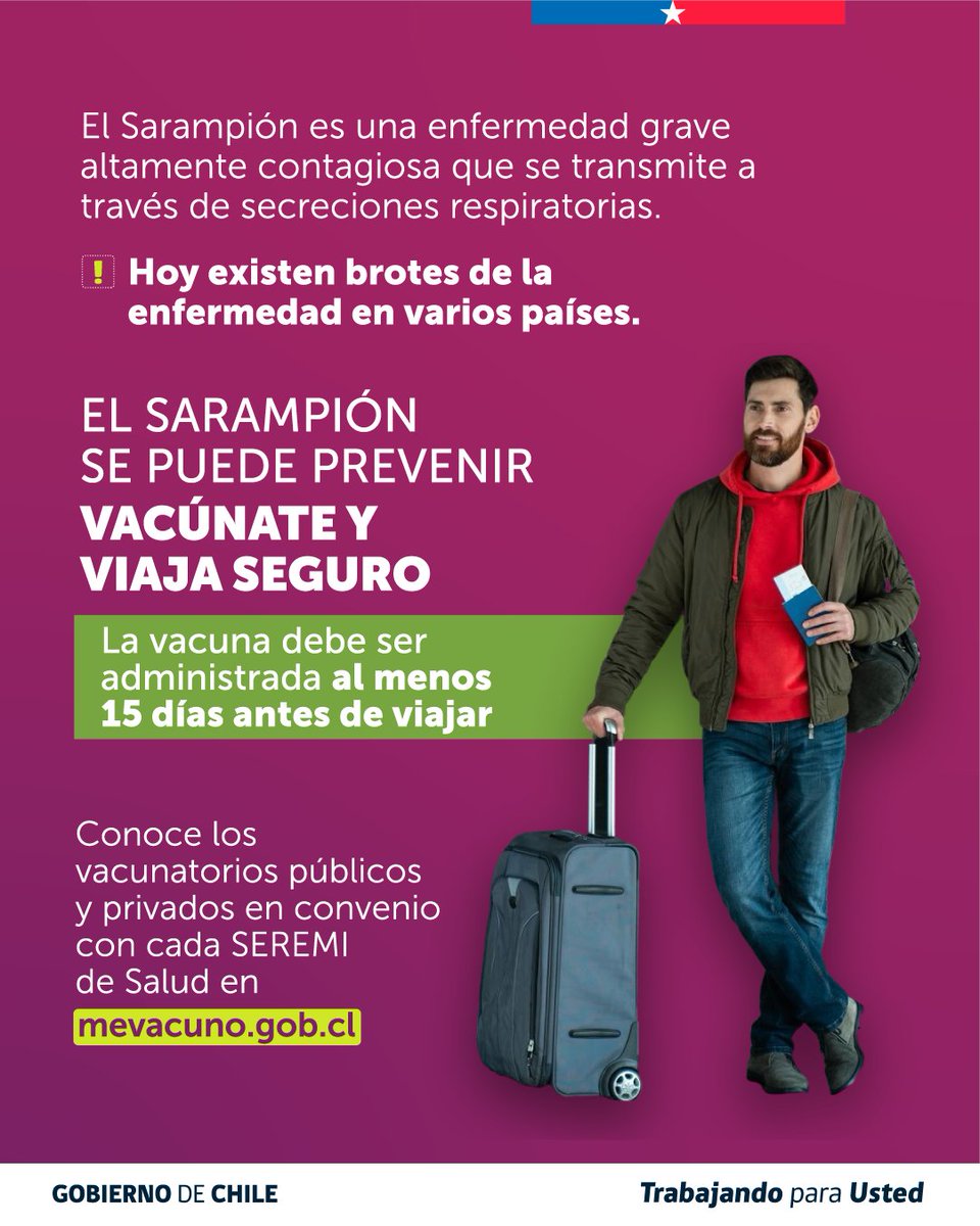 ministeriosalud's tweet photo. Del sarampión nos cuidamos entre todos #ChileContraElSarampión 💉

Si naciste entre 1971 y 1981, vas a viajar al extranjero y no tienes una dosis de vacunación contra el sarampión verificable ¡Vacúnate!

Recuerda que la vacuna debe ser administrada al menos 15 días antes de viajar.