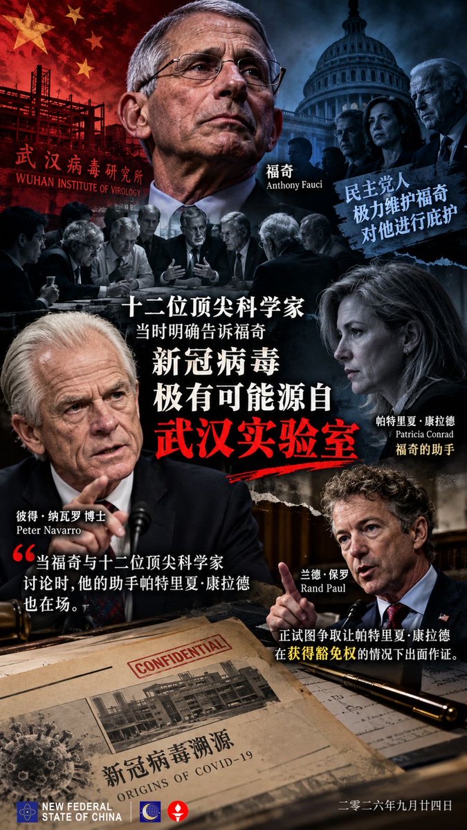 xiuhongxh's tweet photo. #NFSCMultiTranslation4️⃣7️⃣1️⃣1️⃣
彼得·纳瓦罗Peter Navarro博士：当福奇与十二位顶尖科学家讨论时，他的助手帕特里夏·康拉德Patricia Conrad也在场。
这些科学家当时明确告诉福奇新冠病毒极有可能源自武汉实验室。
兰德·保罗Rand Paul正试图争取让帕特里夏·康拉德在获得豁免权的情况下出面作证。
出于某种原因，民主党人正极力维护福奇，对他进行庇护。
二零二六年九月廿四日
澳喜🇦🇺