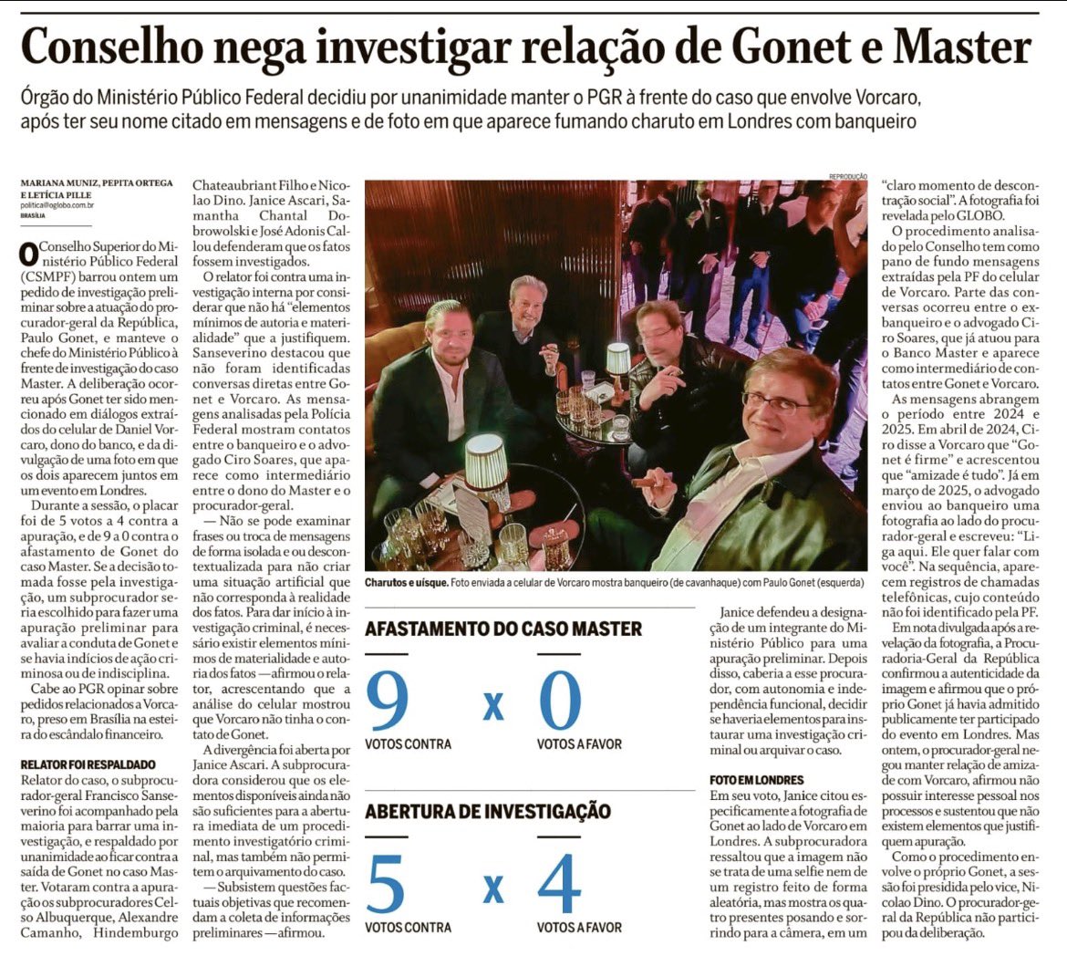 mauad_joao's tweet photo. Confesso que não dá para entender a lógica desses 4 procuradores que votaram para abrir uma investigação sobre a conduta do PGR à frente do Caso Master, mas não para afastá-lo do caso. Se viram indícios fortes de má conduta, suficientes para a abertura de uma investigação, como podem achar que ele pode ficar à frente do caso durante as investigações? 

Imaginemos que o placar tivesse sido 5 a 4 pela abertura da investigação. Nesse caso, teríamos hoje um PGR investigado por suspeita de relação promíscua com um criminoso, atuando no inquérito que, ao final, poderia denunciá-lo? 🤔