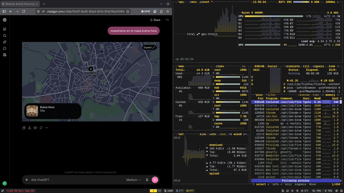 fcogonzalezu's tweet photo. Hey @OpenAI, @ChatGPTapp the map in chat feature has a memory leak on firefox browsers. Please fix it. It instantly uses 10gb on ram on my machine and eventually it crashes the browser https://t.co/6XGSFFu0iG