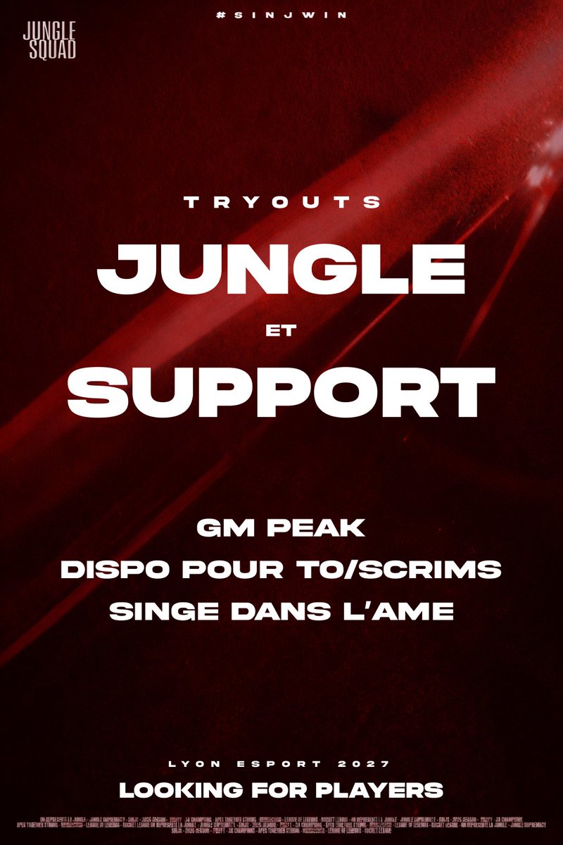 JungleSquad_GG's tweet photo. 🚨 Avis à la population 🚨 

La prestigieuse Jungle Squad 🐒 est à la recherche d'un Jungle et d'un Support pour accompagner @Filou_La_malice à la Lyon Esport 2026 ! Les conditions sont les suivantes :

- GM Peak
- Dispo pour scrim / to
- Singe dans l'âme 🦍

DM @Wonezer (wonezer sur Discord) pour les intéressés 💪

Merci pour les partages et à très vite #SINJWIN