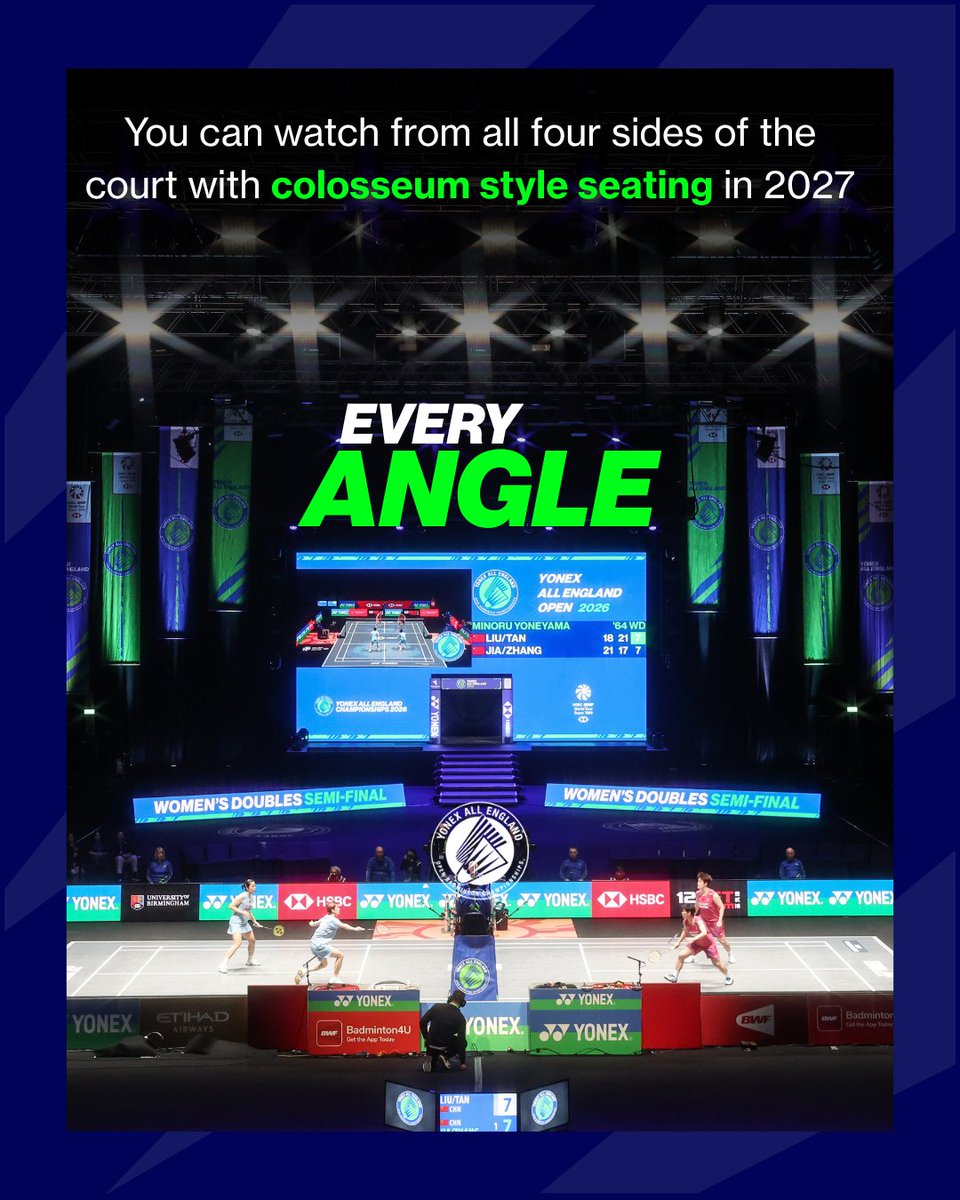 YonexAllEngland's tweet photo. Roar your favourite players on from the stands, with new colosseum style seating in 2027💥
Every angle. All the action. YONEX All England.
#YAE27Explained https://t.co/aLM9YpqKmS