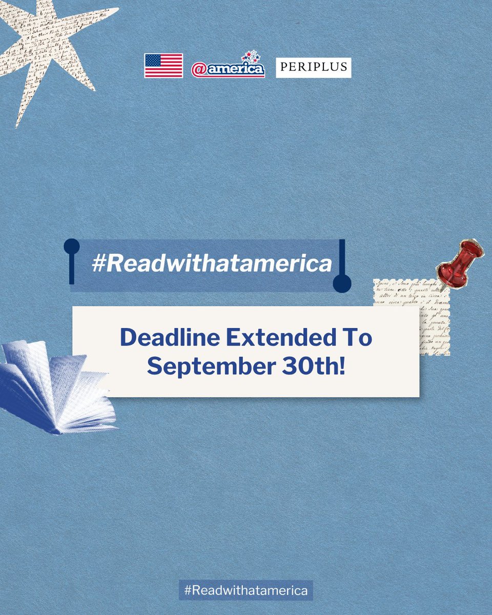 atamerica's tweet photo. You asked, we extended! 

📖❗#Readwithatamerica deadline has been extended until 30 September 2026! 📖❗

Masih ada waktu untuk share your favorite book, join the challenge, and be part of our reading celebration with Periplus 📖 💙

Don’t miss your chance to participate and share the stories that inspire you. Submit your entry before 30 September 2026! 

1. Pilih buku dan puisi dari Indonesia atau Amerika yang telah memberikan pengaruh dalam hidupmu. 
2. Buat Instagram Reel atau Carousel untuk menceritakan pengalamanmu.
3. Ceritakan:
📚 Bacaan atau cerita apa yang kamu pilih?
📚 Apa yang kamu pelajari atau sadari dari bacaan tersebut?
📚 Bagaimana bacaan tersebut membentuk dirimu hingga menjadi seperti sekarang?
4. Tag @atamerica, gunakan hashtag #Readwithatamerica, dan ajak 3 temanmu untuk menemukan rekomendasi bacaanmu dengan tag mereka di caption.

Every story is yours to tell!. Ceritakan kisah yang membentukmu dan dapatkan kesempatan untuk memenangkan buku eksklusif!
 
#Readwithatamerica #LiteracyMonth