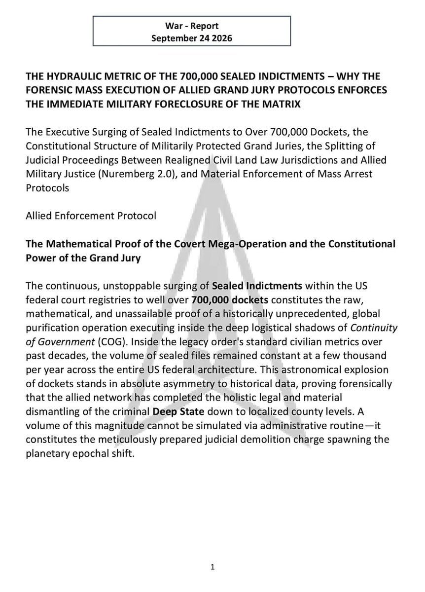DavidXRPLion's tweet photo. 9/26/26: The CARTEL COURTS are already being taken to GITMO.

💥Judge Advocate Generals (JAG) Coming for All State Courts, Judges, Clerks and Attorneys. 

PROBATE (Equity) Law Courts - GITMO Tribunals
FAMILY Law Courts - GITMO Tribunals

The January 20, 2029 date is when the last one will get to pick how they will leave this Earth

💥💥Grand Jury Indictments SKYROCKET to 700,000 from 500,000 less than a month ago. Each indictment up to 99 Persons.

💥💥💥 There is NO ESCAPE. Their FATES are SEALED, Crimes Against Humanity = TREASON.