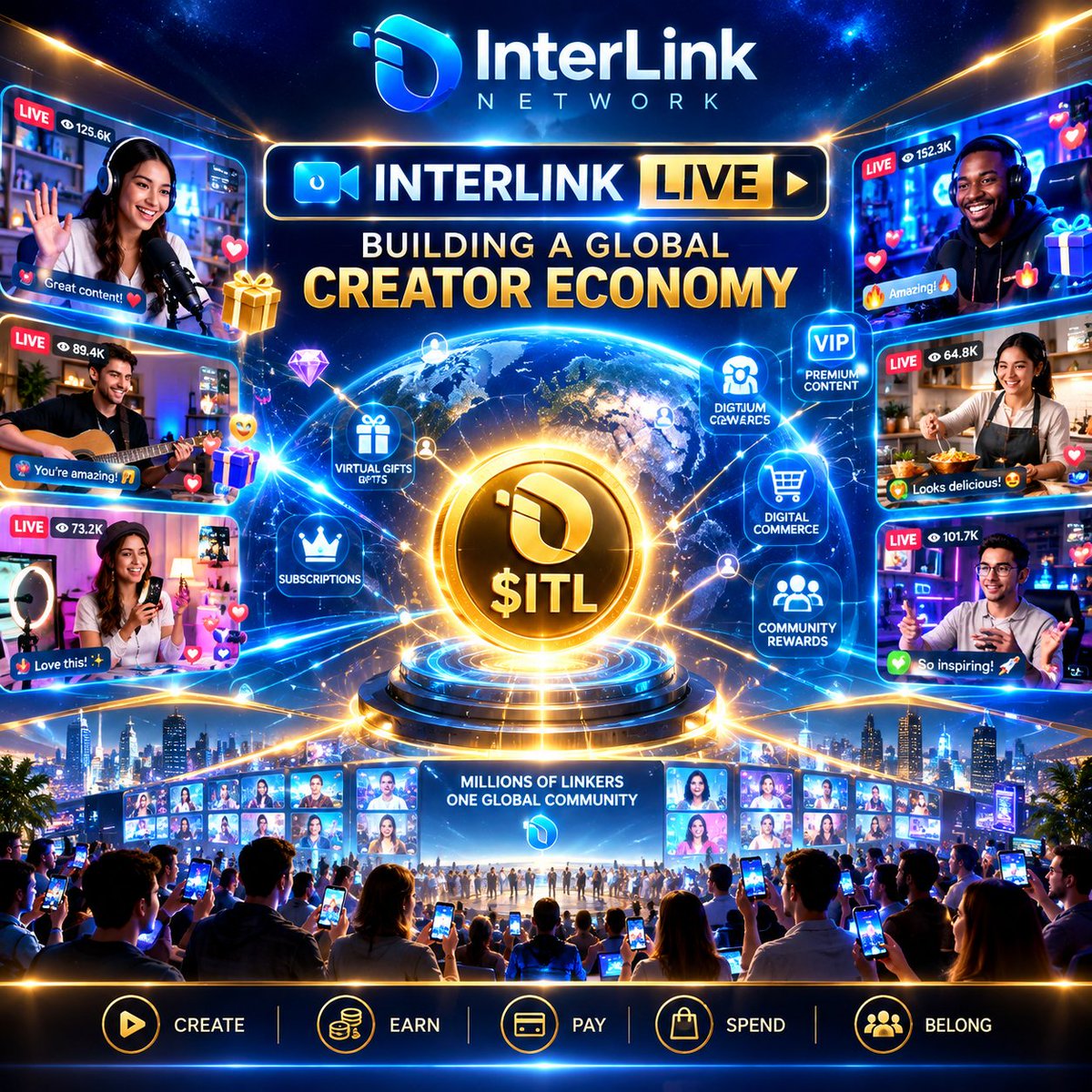 gowrich74's tweet photo. 1. 🎥 InterLink Live — Global Creator Economy A spectacular futuristic global creator economy powered by InterLink, millions of creators livestreaming simultaneously from studios and homes around the world, holographic livestream screens, 
#InterLink #ITLG #ITL https://t.co/8Htk0qidZv