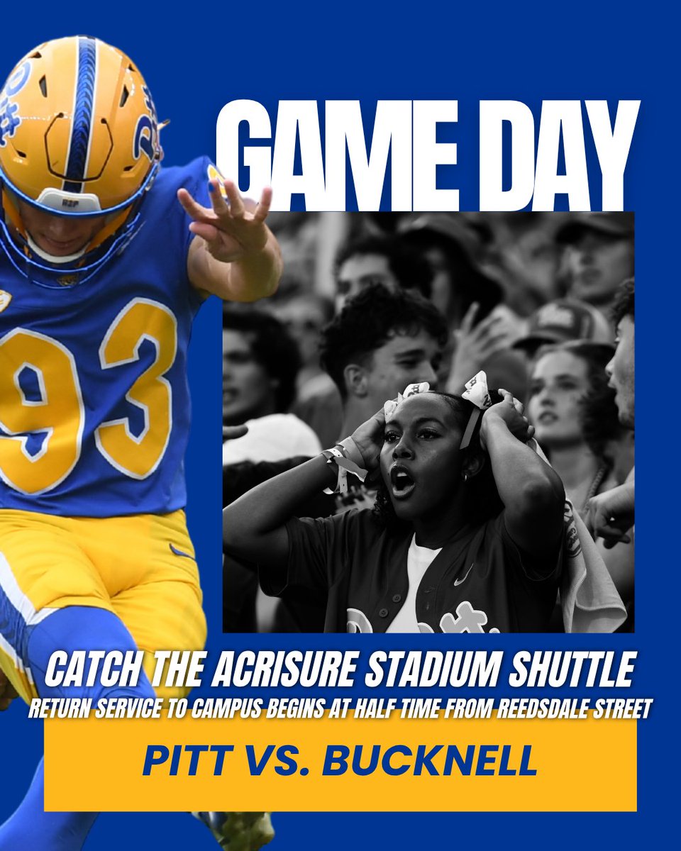 PittMobility's tweet photo. Heading to the game? Catch the Acrisure Stadium Shuttle. 🏈
📍 Pick-Up: University Place, near Nordenberg Hall
⏰ Starts 3.5 hours before kickoff and runs until kickoff
📍 Drop-Off: Reedsdale St. near Gate C https://t.co/U0Ako6DInE