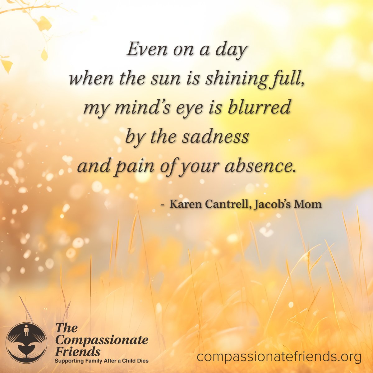 TCFofUSA's tweet photo. The absence of your child, sibling, or grandchild can be felt in the most unexpected moments - in the quiet of the morning, during a celebration, or on an ordinary sunny day. Be gentle with yourself. 
#TheCompassionateFriends #GriefSupport  #YouAreNotAlone https://t.co/Ju8Pno92tK