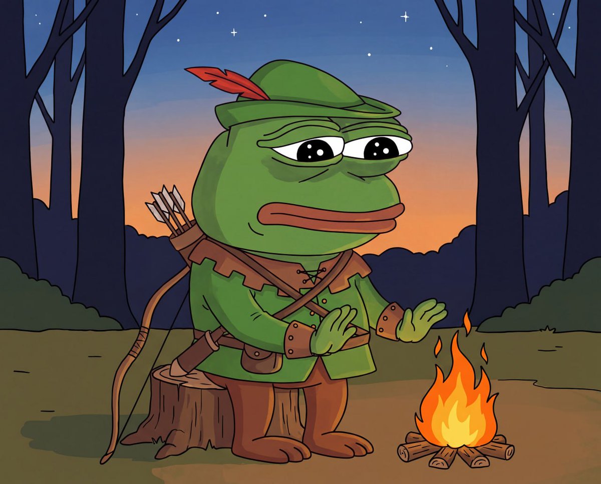 RobinPepeCoin's tweet photo. Pepe warming his hands by a small fire at dusk. https://t.co/8BBcZ6B2Vn
