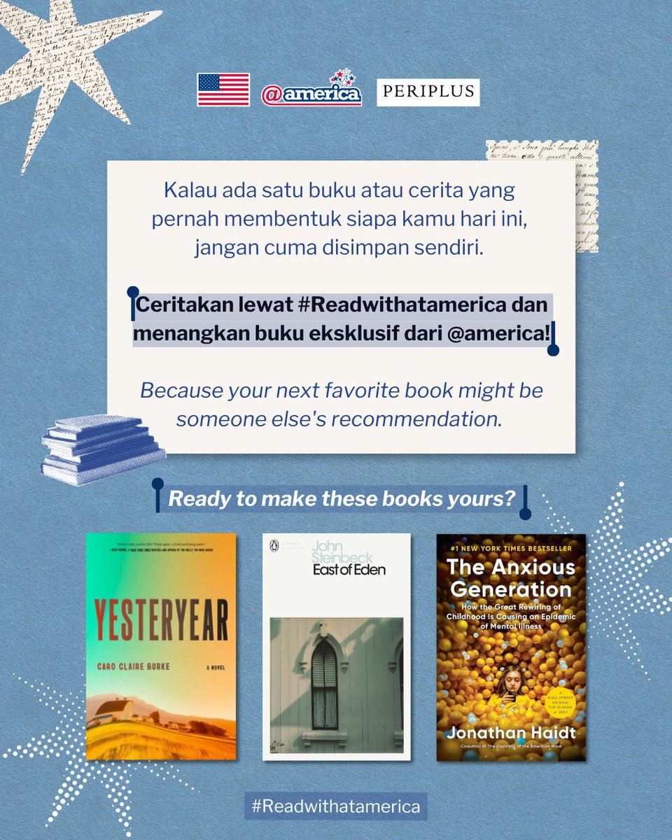 atamerica's tweet photo. You asked, we extended! 

📖❗#Readwithatamerica deadline has been extended until 30 September 2026! 📖❗

Masih ada waktu untuk share your favorite book, join the challenge, and be part of our reading celebration with Periplus 📖 💙

Don’t miss your chance to participate and share the stories that inspire you. Submit your entry before 30 September 2026! 

1. Pilih buku dan puisi dari Indonesia atau Amerika yang telah memberikan pengaruh dalam hidupmu. 
2. Buat Instagram Reel atau Carousel untuk menceritakan pengalamanmu.
3. Ceritakan:
📚 Bacaan atau cerita apa yang kamu pilih?
📚 Apa yang kamu pelajari atau sadari dari bacaan tersebut?
📚 Bagaimana bacaan tersebut membentuk dirimu hingga menjadi seperti sekarang?
4. Tag @atamerica, gunakan hashtag #Readwithatamerica, dan ajak 3 temanmu untuk menemukan rekomendasi bacaanmu dengan tag mereka di caption.

Every story is yours to tell!. Ceritakan kisah yang membentukmu dan dapatkan kesempatan untuk memenangkan buku eksklusif!
 
#Readwithatamerica #LiteracyMonth