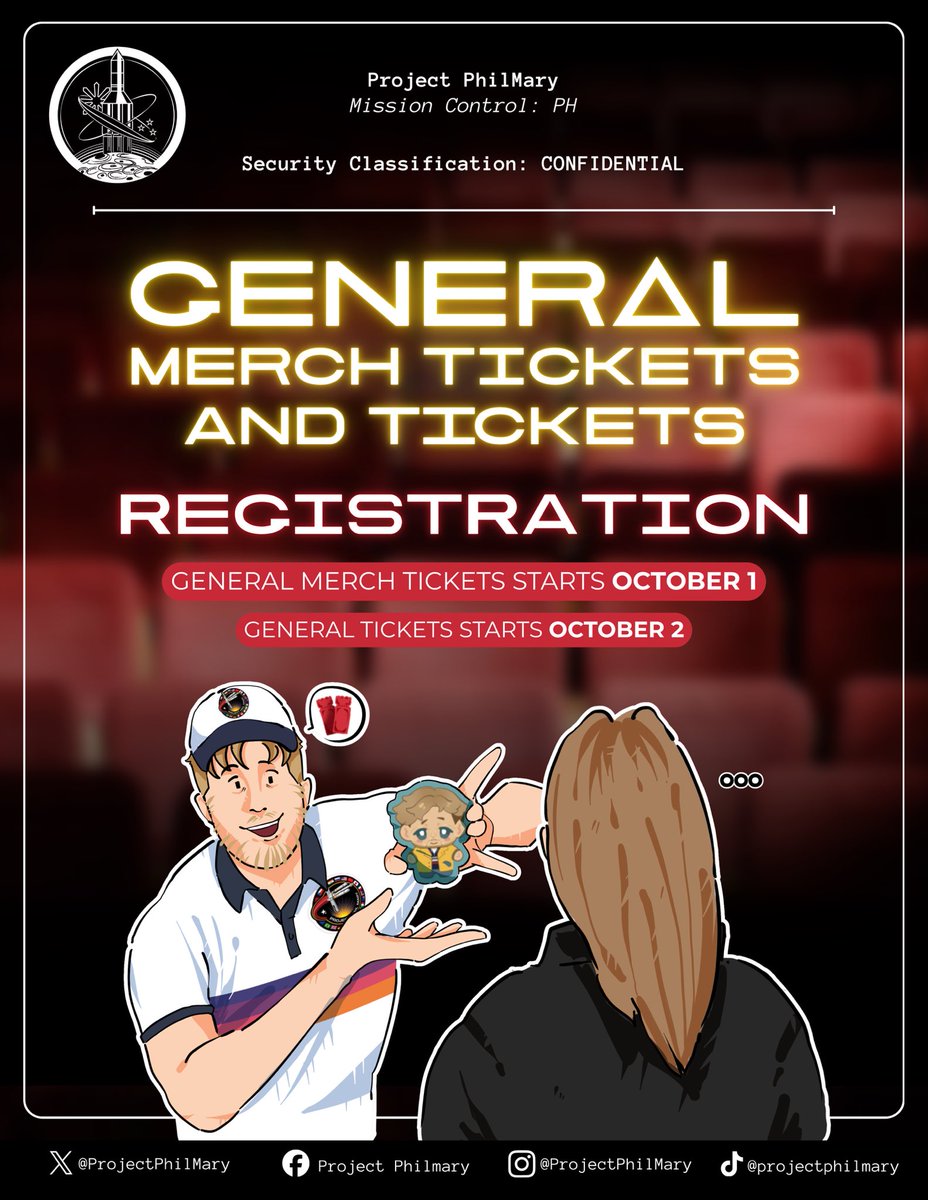 ProjectPhilMary's tweet photo. GENERAL MERCH TICKET AND TICKET REGISTRATION SCHEDULES ARE IN!

Registration for General Merch will open from Oct 1, 2026 8:00 PM to Oct 5, 2026 8:00 Pm

General Ticket sale will start on Oct 2, 2026 8:00 Pm to Oct 5, 2026 8:00 Pm

The Mission awaits you, Operatives. https://t.co/vok0ZBcKgN