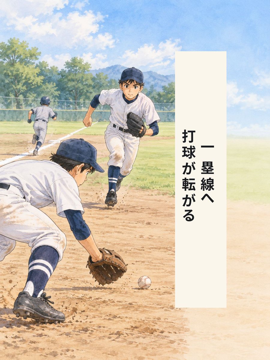 yakyulog_ja's tweet photo. 一塁側へ転がったバント。一塁手が打球を拾う間に、投手は一塁ベースへ向かいます。ベースに触れて送球を受ける連携を描きました。試合記録はApp Storeで「野球ログ」を検索。

#少年野球 #野球 https://t.co/furuaGnCk5