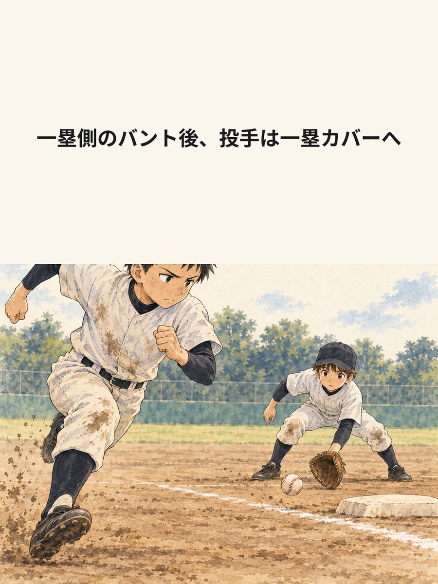 yakyulog_ja's tweet photo. 一塁側へ転がったバント。一塁手が打球を拾う間に、投手は一塁ベースへ向かいます。ベースに触れて送球を受ける連携を描きました。試合記録はApp Storeで「野球ログ」を検索。

#少年野球 #野球 https://t.co/furuaGnCk5