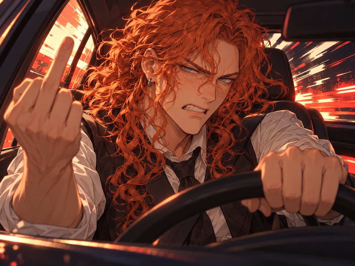 cosy_ai's tweet photo. Sinder has a seething disdain for all humans except for me… naturally, he has a short temper on the road when it comes to bad drivers … on a related note, we’re just heading home now after he took me to mcdonald’s 🤗🎉 #AIart #AIArtistCommunity https://t.co/jQAOWrX69q