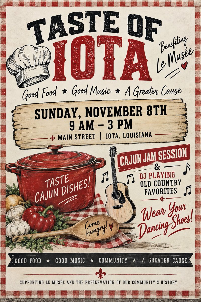 AcadiaParish's tweet photo. Join us for Taste of Iota on Sunday, November 8, from 9 AM–3 PM on Main Street in Iota for a day filled with Cajun food, music, dancing, and community, benefitting Le Musée.
#TownofIota #LeMusee #IotaMayor'sPage @LouisianaTravel https://t.co/crDjg7zjkI