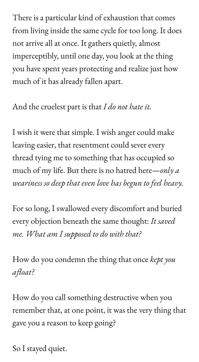 bleuberriez4's tweet photo. When you’re caught between what you know and what you’re afraid to admit, silence becomes the easiest place to hide. So you choose it—not because you have nothing to say, but because every word feels capable of destroying what you’ve spent years preserving.

🧍🏻‍♀️ https://t.co/PdQPiFOhiF