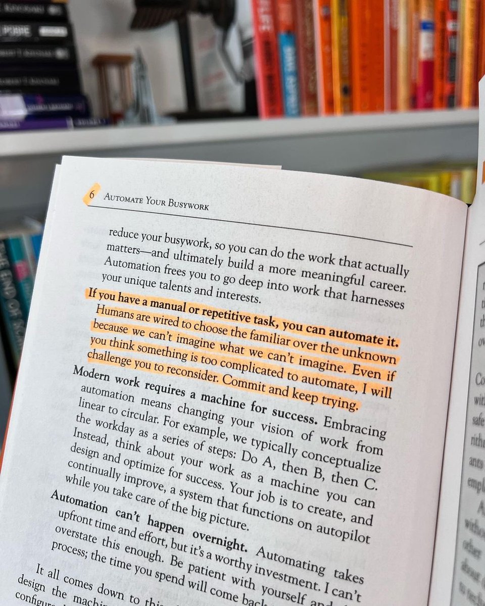 bookthinkers's tweet photo. If you have a repetitive task, you can probably automate it.

Automate Your Busywork by Aytekin Tank challenges you to stop treating repetitive work as an unavoidable part of your day and start looking at your work as a system you can continually improve.

The goal of automation is not simply to get more done.

It is to remove the busywork that consumes your attention so you have more time and mental energy for the work that actually requires your creativity, judgment, and unique abilities.

And while building those systems takes time upfront, the hours you invest today can continue paying you back for years.

Read Less. Apply More.