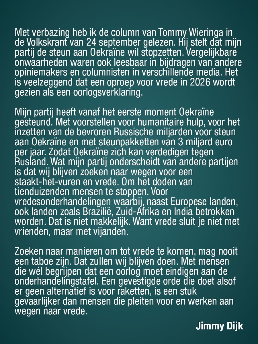 jimmydijk's tweet photo. Lees hier mijn ingezonden brief in de Volkskrant.

Het is veelzeggend dat een oproep voor vrede in 2026 door verschillende columnisten, opiniemakers en politici wordt gezien als een oorlogsverklaring. Maar nadenken, pleiten en werken aan vrede mag nooit een taboe zijn. En zelfs dat mag je van de gevestigde orde tegenwoordig niet zeggen.

Kom morgen naar het Nationaal Vredesprotest. 13.00u op de Dam in Amsterdam.