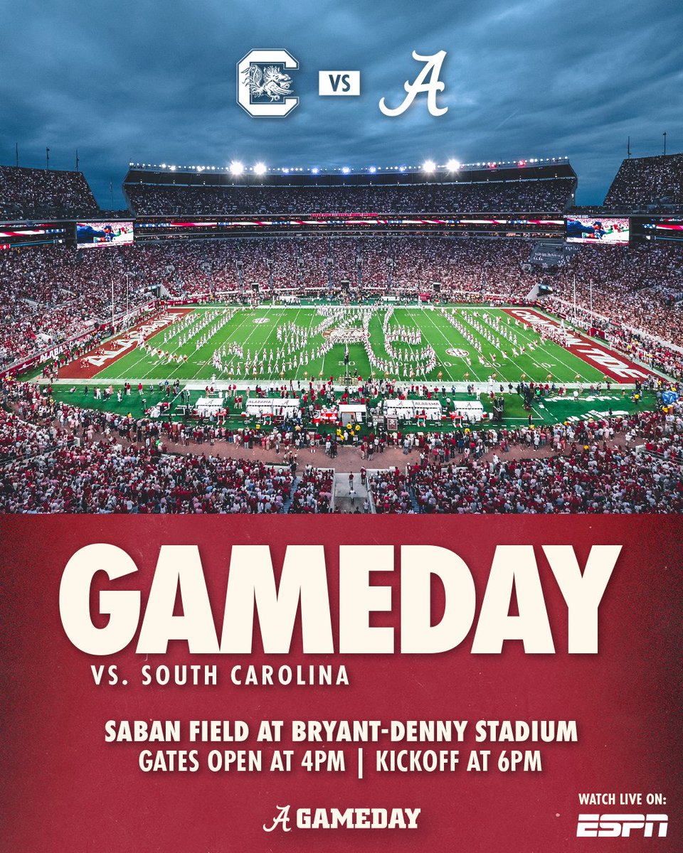 uagameday's tweet photo. GOOOOOD MORNING, TIDE FANS! It's gameday! 

🚗Parking lots are open
🚌 Shuttles are running
🌳Quad Drop-Off is open until 12pm

#RollTide #BamaGameday https://t.co/Iph83p7WK9