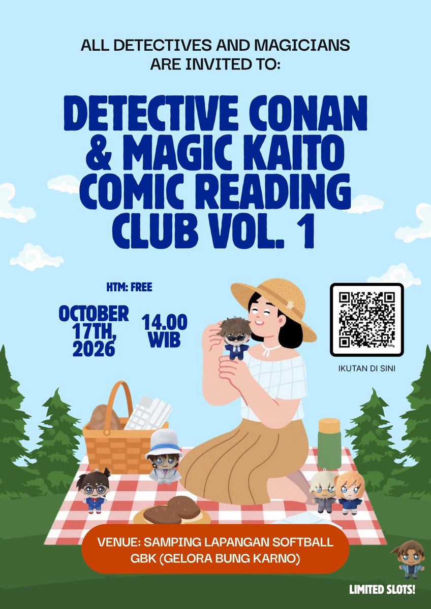 froznbutterfly's tweet photo. calling all tantei-tachi🕵🏻‍♀️🕵🏻‍♂️

udah siap belum buat piknik sambil baca komik, ngobrol bareng, dan oshikatsu rame-rame di dcmk comic reading club vol. 1?🔎🪄

slot terbatas⚠️ jadi cus langsung aja meluncur ke tkp di bawah!

🔗: https://t.co/vJ3Vegp3Ar https://t.co/60smTshD8p