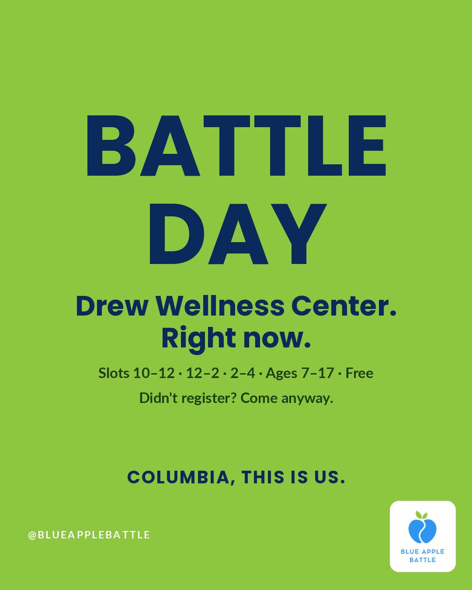 BlueAppleBattle's tweet photo. 🍏 IT'S BATTLE DAY 🍏

Drew Wellness Center, Columbia. Right now.
⏰ Slots 10–12 · 12–2 · 2–4
👥 Ages 9-14 · FREE · free parking

Didn't register? COME ANYWAY. Today is not the day we turn a kid away from a field.

Columbia, this is us. Let's go.

#BlueAppleBattle https://t.co/hT4BAExx2j