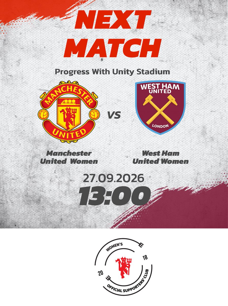 MUW_SC's tweet photo. 🔴 BACK TO LEAGUE BUSINESS! 🔴

After our midweek cup action, attention turns back to the league as @ManUtdWomen welcome @WestHamWomen to the Progress With Unity Stadium on Sunday. 👊🔥

Back home. Back in the league. Let’s go, United! 👹❤️

#muwomen #muwsc #wsl https://t.co/TpXwDGyX7Y