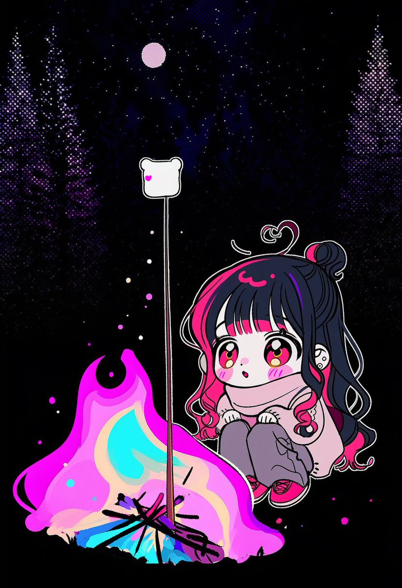 noeul_zzix's tweet photo. 마쉬멜로 꾸버먹기,

5::chibi, chibi only, cute::
4::squatting beside a campfire::,
body leaning slightly forward,
4::holding a long wooden stick toward the fire::,
5::one cute random animal-shaped marshmallow skewered on the stick::,
soft fluffy animal marshmallow, tiny animal face,
roasting over the flames,
5::dreamlike multicolored campfire::,
violet, blue, pink and turquoise flames,
glowing embers, magical sparks,
oversized knit sweater, padded vest,
loose cargo pants, hiking boots, soft scarf,
quiet forest campsite at night,
dark pine trees, small tent, camping lanterns,
starry sky, faint mist,
-5::multiple marshmallows, multiple snacks, multiple skewers::