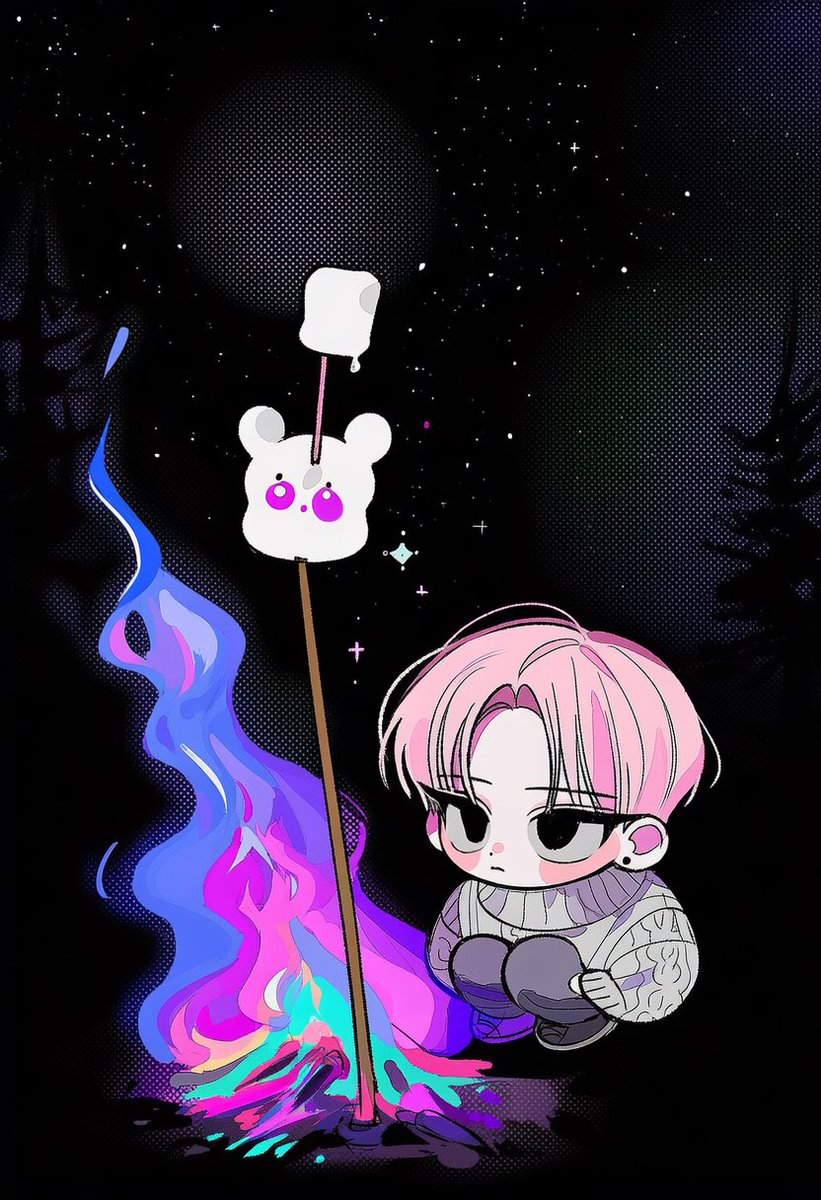 noeul_zzix's tweet photo. 마쉬멜로 꾸버먹기,

5::chibi, chibi only, cute::
4::squatting beside a campfire::,
body leaning slightly forward,
4::holding a long wooden stick toward the fire::,
5::one cute random animal-shaped marshmallow skewered on the stick::,
soft fluffy animal marshmallow, tiny animal face,
roasting over the flames,
5::dreamlike multicolored campfire::,
violet, blue, pink and turquoise flames,
glowing embers, magical sparks,
oversized knit sweater, padded vest,
loose cargo pants, hiking boots, soft scarf,
quiet forest campsite at night,
dark pine trees, small tent, camping lanterns,
starry sky, faint mist,
-5::multiple marshmallows, multiple snacks, multiple skewers::