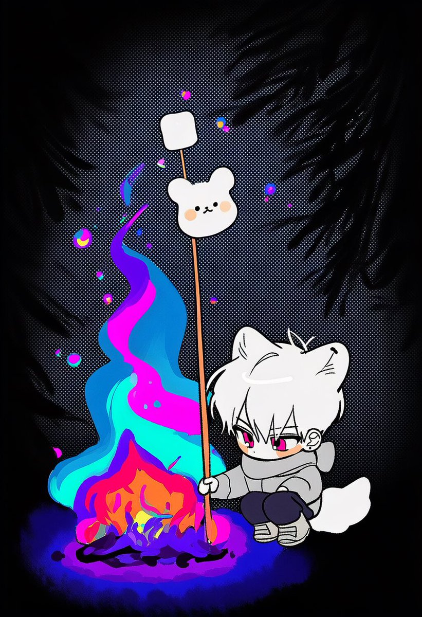 noeul_zzix's tweet photo. 마쉬멜로 꾸버먹기,

5::chibi, chibi only, cute::
4::squatting beside a campfire::,
body leaning slightly forward,
4::holding a long wooden stick toward the fire::,
5::one cute random animal-shaped marshmallow skewered on the stick::,
soft fluffy animal marshmallow, tiny animal face,
roasting over the flames,
5::dreamlike multicolored campfire::,
violet, blue, pink and turquoise flames,
glowing embers, magical sparks,
oversized knit sweater, padded vest,
loose cargo pants, hiking boots, soft scarf,
quiet forest campsite at night,
dark pine trees, small tent, camping lanterns,
starry sky, faint mist,
-5::multiple marshmallows, multiple snacks, multiple skewers::