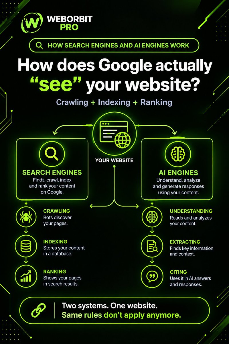 weborbitpro7's tweet photo. How does Google actually see your website?

Crawling ≠ Indexing ≠ Ranking.

And now AI engines also matter.

Understanding search + AI systems is becoming a core part of modern SEO.

#SEO #WordPress #WebOrbitPro #DigitalMarketing #SearchEngineOptimization #Crawling #Indexing https://t.co/FSNFUCLIFG