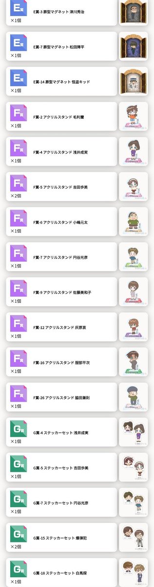 mitsusawa0725's tweet photo. 譲渡》名探偵コナン　セガラッキーくじ　探偵VS犯人

譲:A賞.B賞(A.C.D).C賞(B.E).D賞(松田.安室).E賞.F賞
求:定価+送料

・下位賞をご一緒にお求めの方優先いたします
・郵送または新宿近辺手渡し可
・ゆうちょ・みずほのみ対応

お返事にお時間頂きます。 https://t.co/eZqOVtieP7