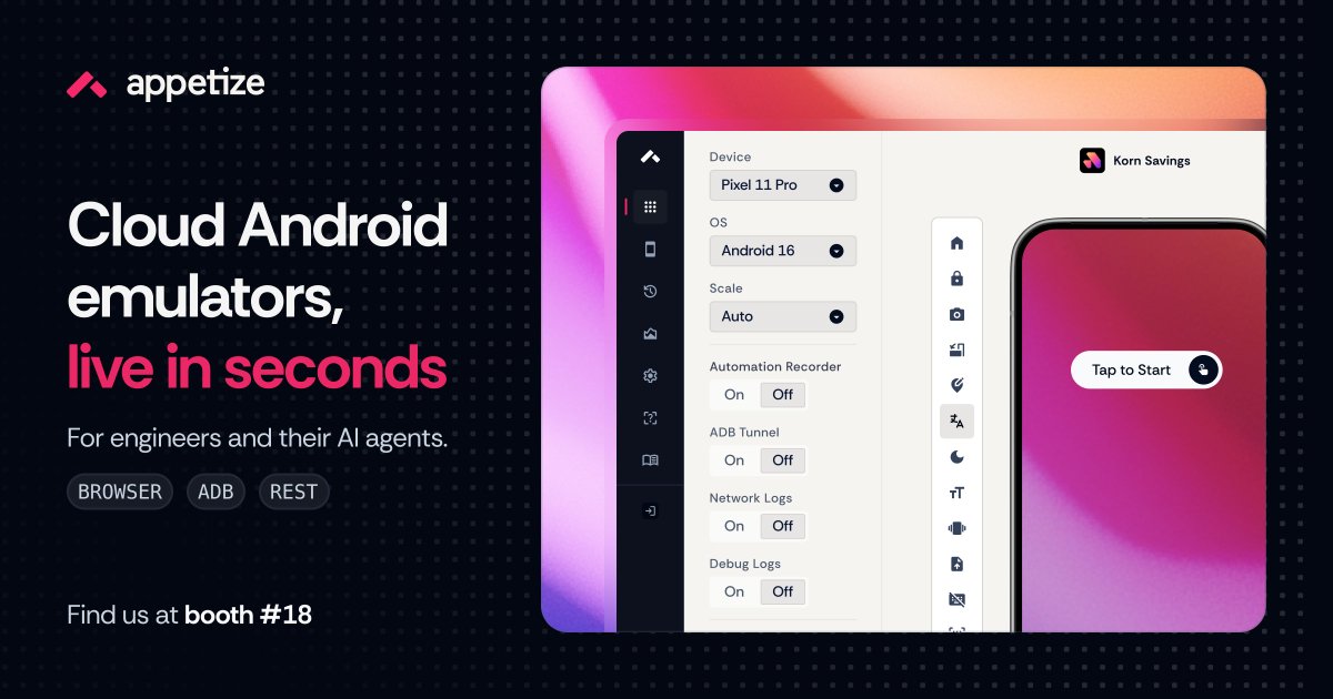 droidconBerlin's tweet photo. [Sponsored Post] Stop by booth #18 at droidCon Berlin to see how engineering teams are using Appetize to launch cloud Android emulators in seconds, automate mobile workflows with AI, and test without managing device infrastructure. See it live with the Appetize team. https://t.co/QX8jEV42BF