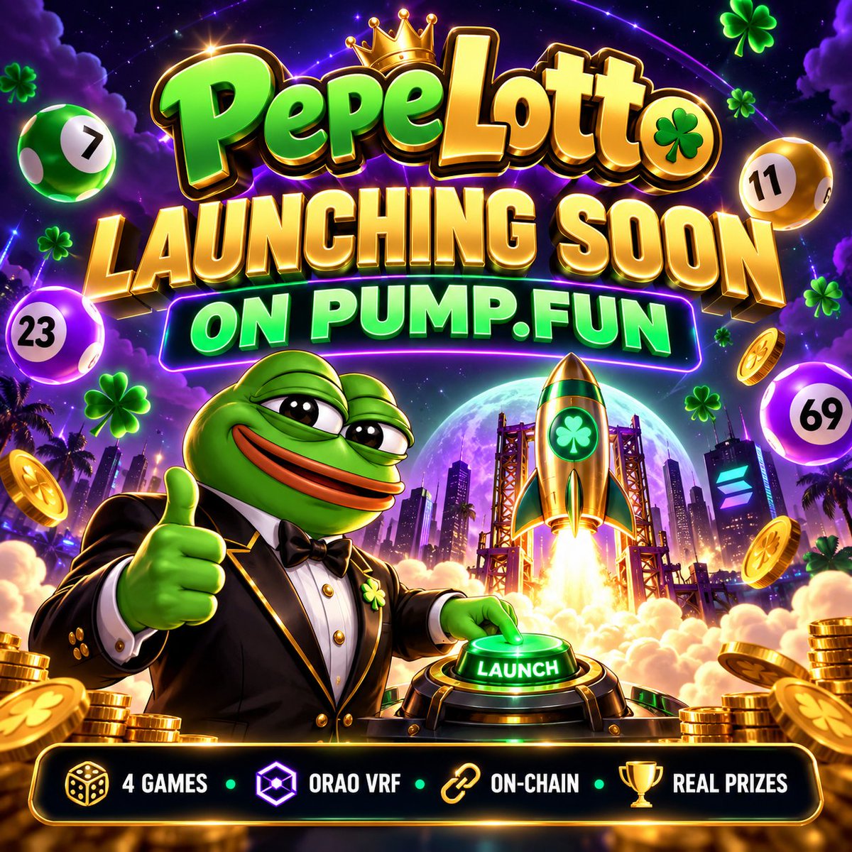 pepelotto_'s tweet photo. 🐸 PepeLotto is almost ready.
4 games. On-chain draws. ORAO VRF. Real prize pools.
And one frog getting ready for launch. 👑
$PEPELOTTO — Launching soon on https://t.co/SbPZRnbtZi.
Stay close. The first draw is only the beginning. 🍀
#PepeLotto #Solana #PumpFun #Memecoin https://t.co/kDwapYbNAG