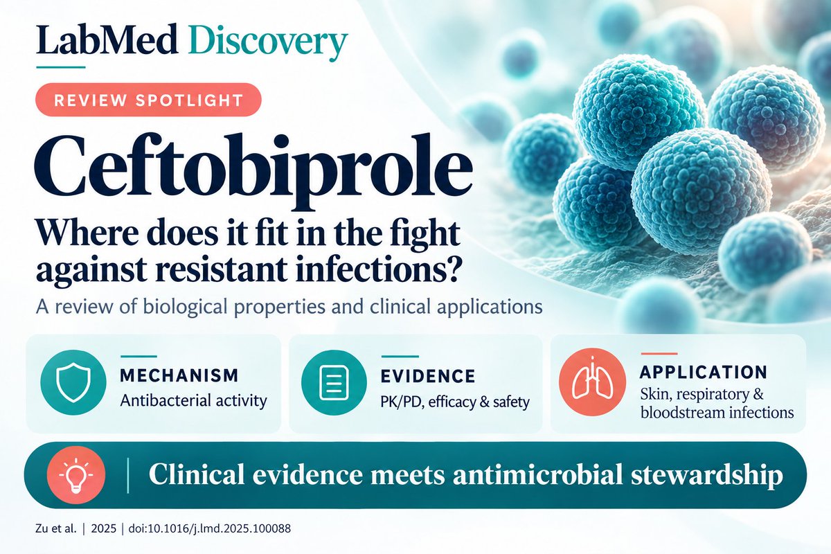 wangivy23627's tweet photo. Ceftobiprole against resistant infections: where does it fit?
This LMD review explores anti-MRSA activity, PK/PD, clinical evidence & safety—and why antimicrobial stewardship matters.
https://t.co/ZAvsAeSS9F
#LabMedDiscovery #AMR #Ceftobiprole https://t.co/T26GAO3cNj