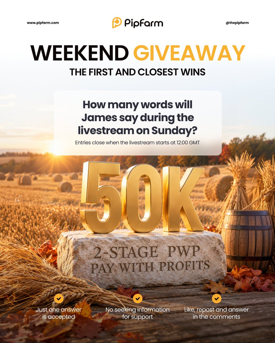 thepipfarm's tweet photo. ⏳ Weekend Giveaway — 24 hours only.

Tomorrow, James goes live for the September Livestream.

❓ How many words will he say during the stream?

The first and closest guess wins.

🎁 50K 2-Stage PWP account.

📋 How to enter
・Comment one guess below
・Follow, like and repost 🤝❤️🔁
・Entries close when the livestream starts, 12:00 GMT

Counted from the YouTube transcript 🧮